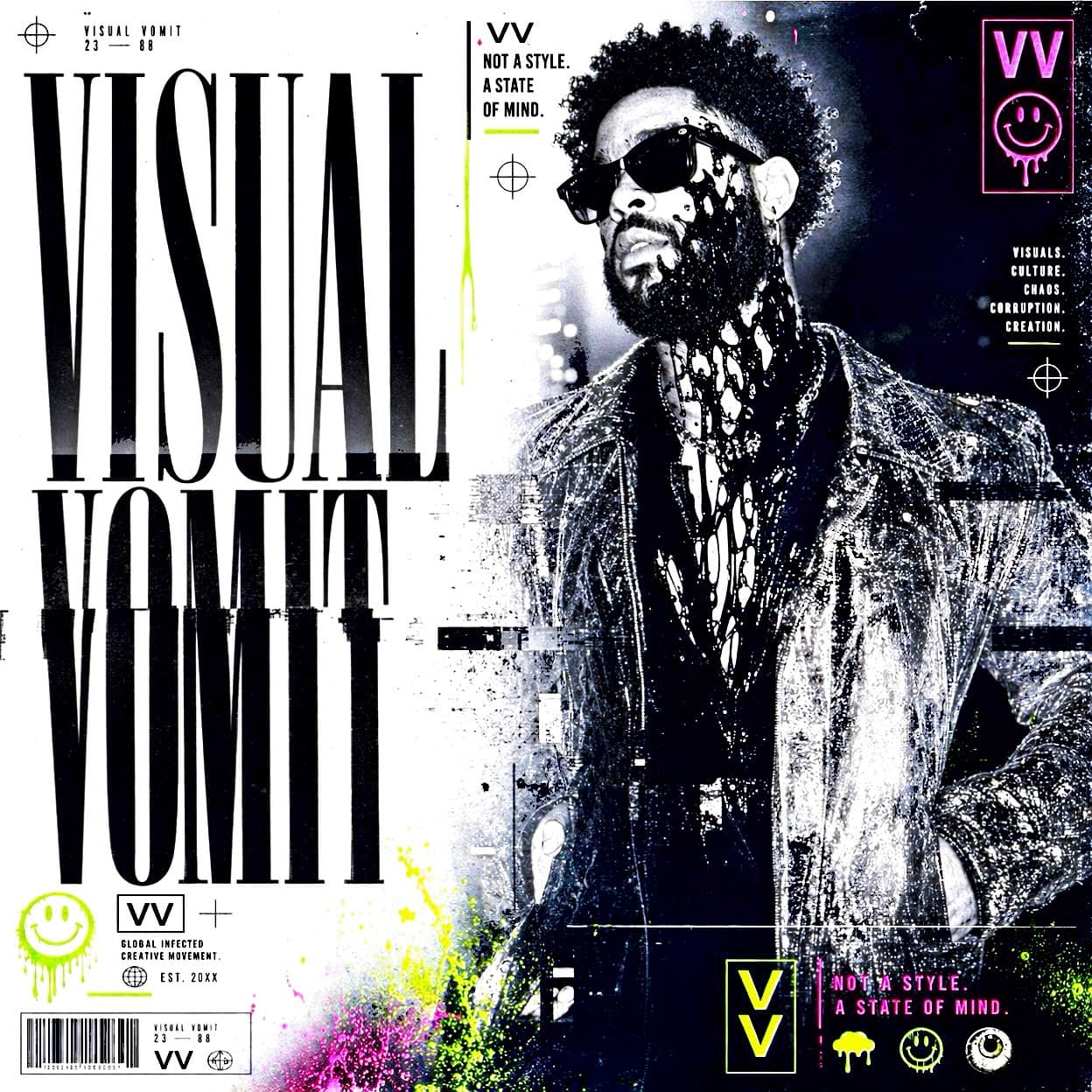 VISUAL VOMIT cover featuring Chris Shaw in sunglasses with black-drip face treatment and original neon paint accents.