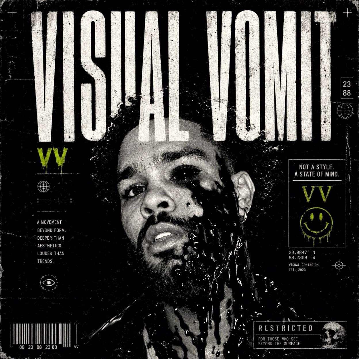 Close-up VISUAL VOMIT cover portrait of Chris Shaw with a black-drip face treatment.