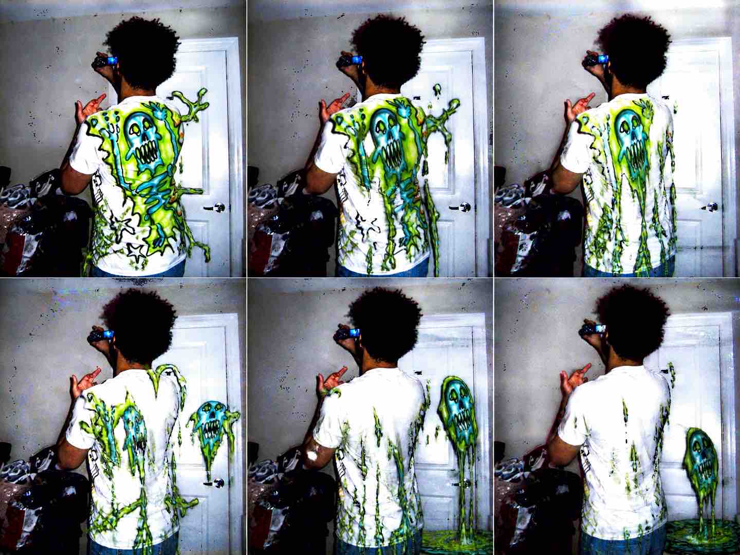 Six-frame sequence documenting Chris Shaw's hand-painted dripping skull shirt.