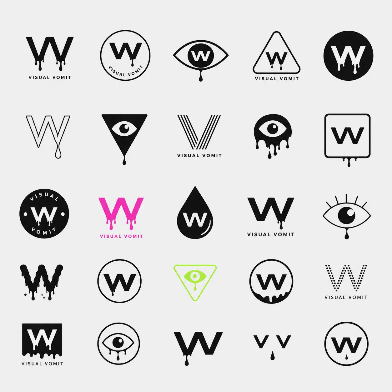Visual Vomit black and white symbol exploration sheet.